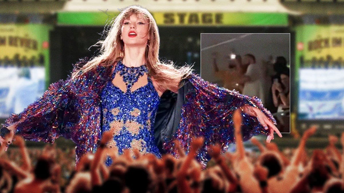 Picture of Taylor Swift performing alongside a clip of Travis Kelce dancing during her Singapore show