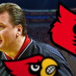 Louisville basketball, Cardinals, Bob Huggins, Louisville head coach, Bob Huggins Louisville, Bob Huggins and Louisville logo with Louisville basketball arena in the background