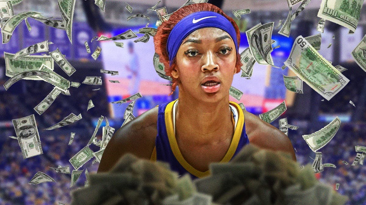 LSU women’s basketball player Angel Reese with money around her