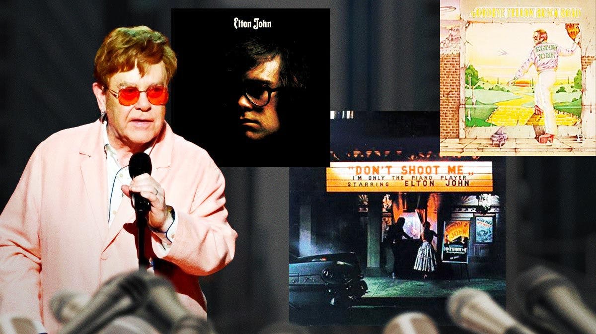 Elton John next to album covers of Elton John, Don't Shoot Me I'm Only the Piano Player, and Goodbye Yellow Brick Road.