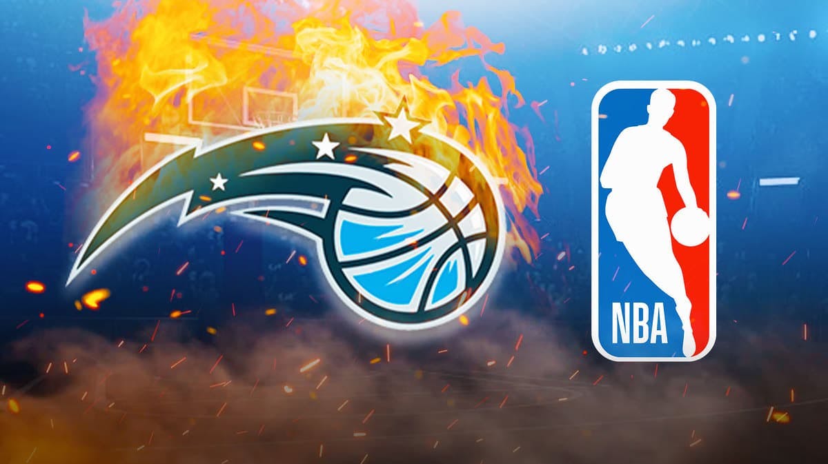 Magic logo stands next to NBA Play-In Tournament logo, Cole Anthony, Hornets players stand out of frame