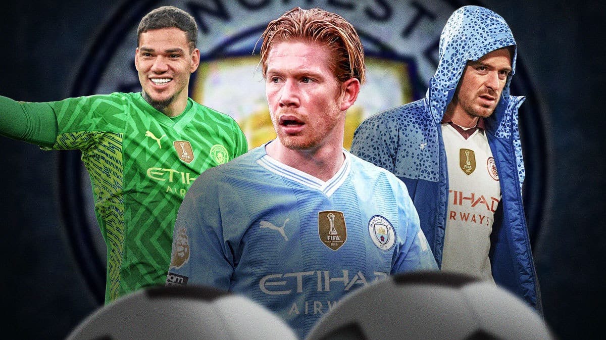 Kevin De Bruyne, Ederson & Jack Grealish in front of the Manchester City logo