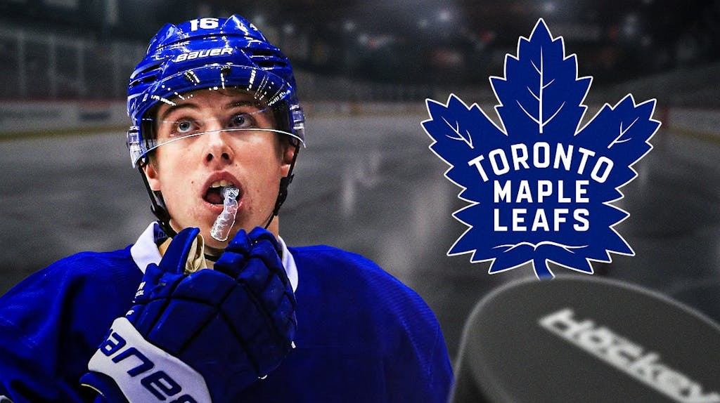 Mitch Marner in image looking hopeful, TOR Maple Leafs logo, hockey rink in background