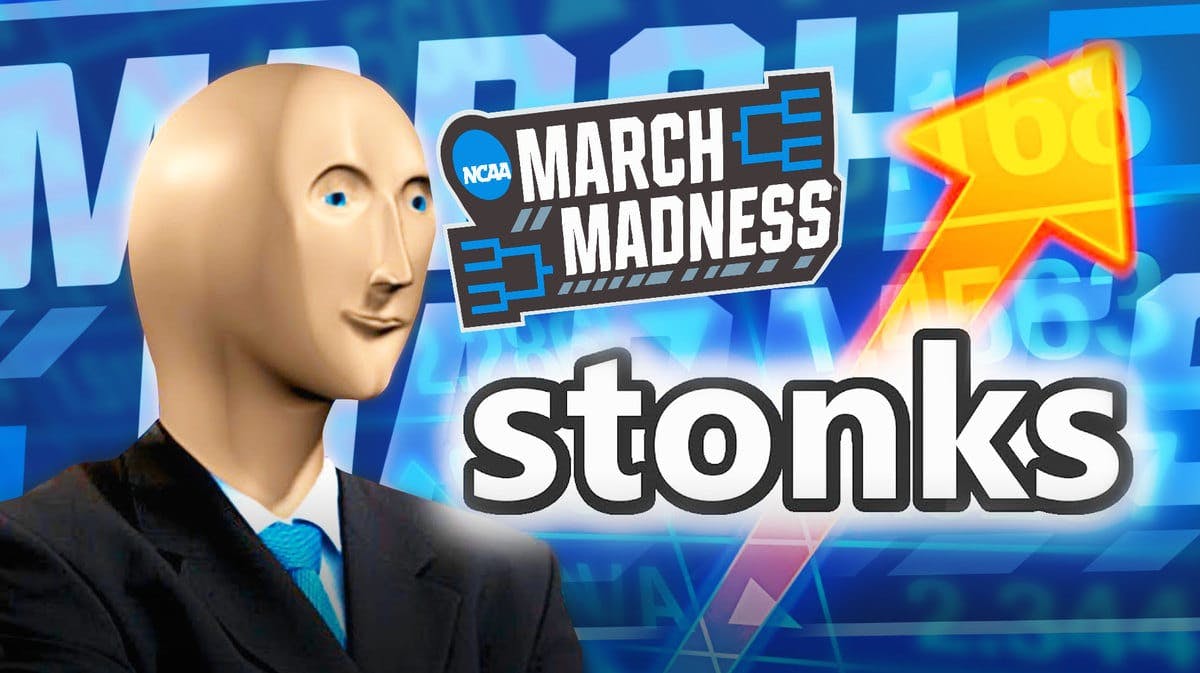 Stonks meme with March madness in the background.