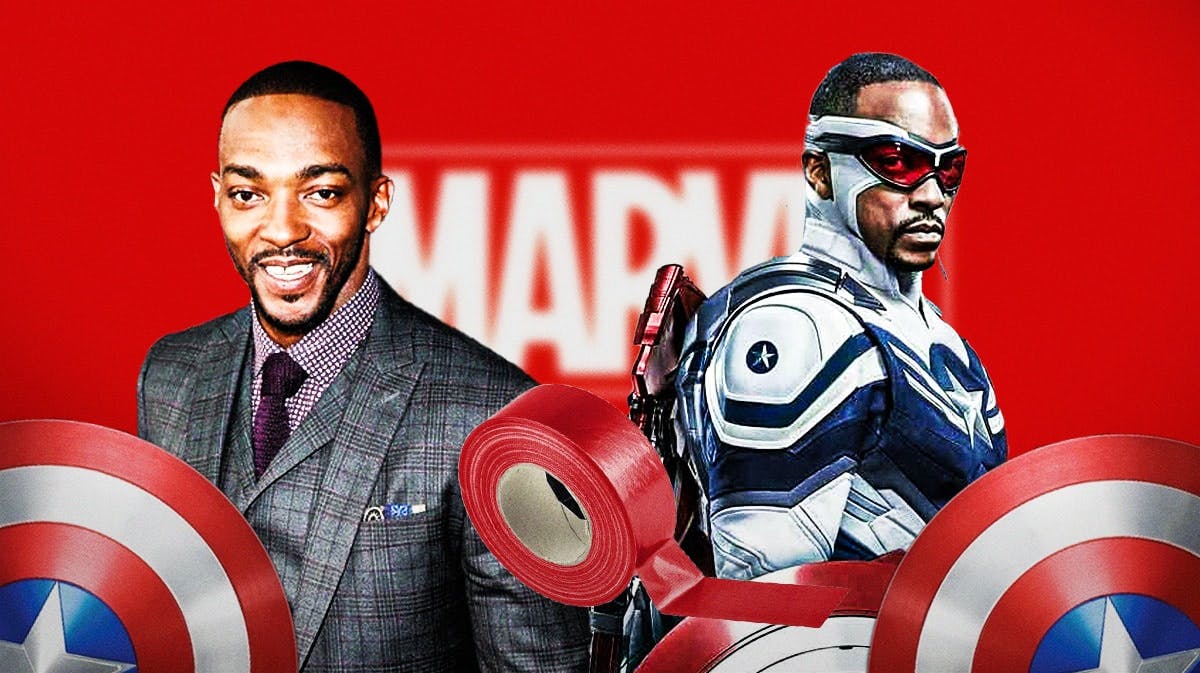 Anthony Mackie next to himself as Captain America, the Marvel Studios logo in the background, and red tape in the foreground