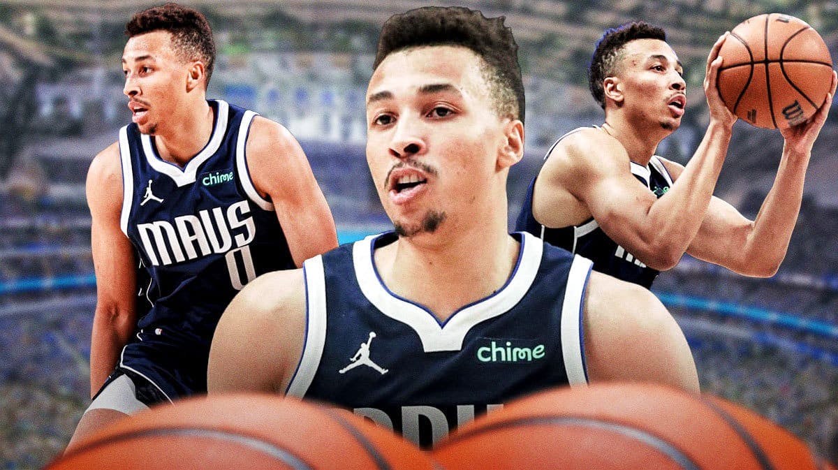 In front, need a close-up image of Mavericks' Dante Exum looking serious. In background, need Mavericks' Dante Exum shooting a basketball on left, and Mavericks' Dante Exum dribbling a basketball on right.
