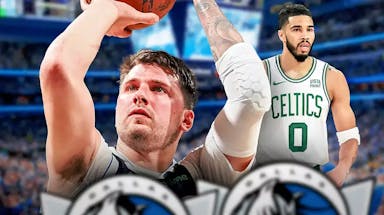 Mavericks' Luka Doncic on left shooting a basketball. Celtics' Jayson Tatum on right looking serious.
