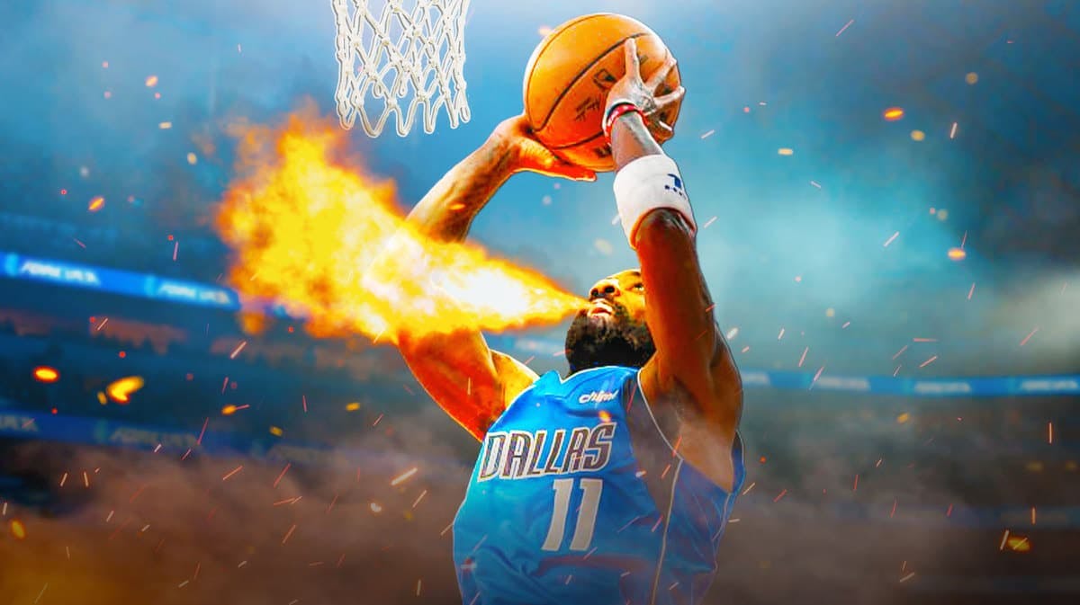 Mavericks' Kyrie Irving dunking a basketball in front. Have him breathing fire while dunking the basketball.