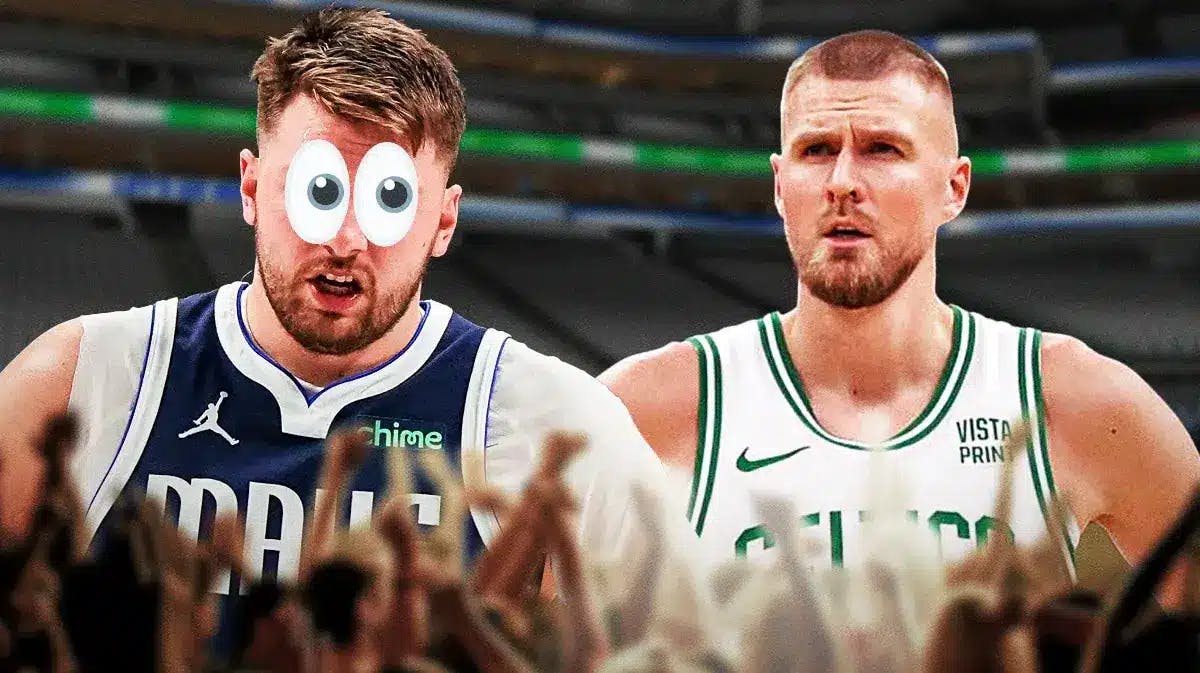 Mavericks' Luka Doncic with eyes popping out looking at Celtics' Kristaps Porzingis.