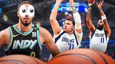 Pacers' Tyrese Haliburton with eyes popping out looking at Mavericks' Luka Doncic and Mavericks' Kyrie Irving both shooting basketballs at the American Airlines Center.
