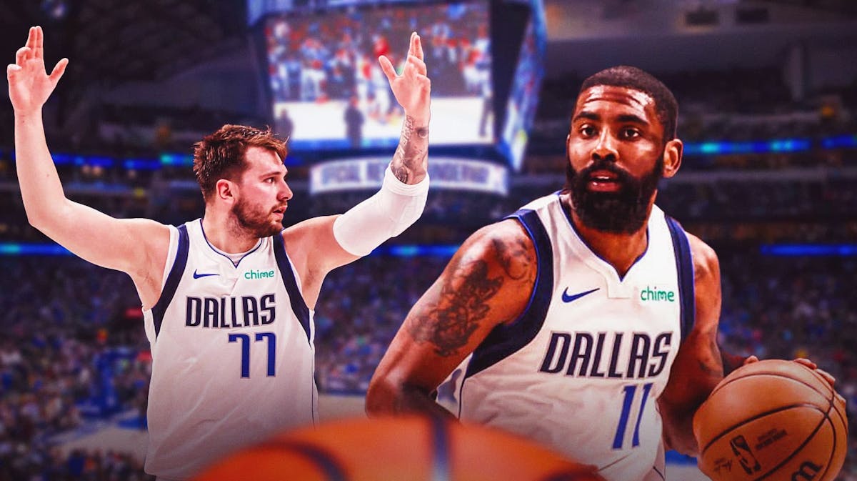 Luka Doncic alongside Kyrie Irving with the Mavericks arena in the background, game-winner