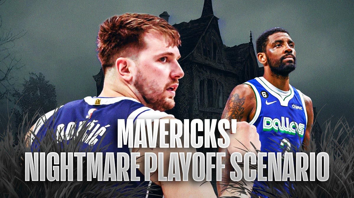 Mavericks' Luka Doncic and Mavericks' Kyrie Irving in a haunted house. At top of image write the following: Mavericks' nightmare playoff scenario