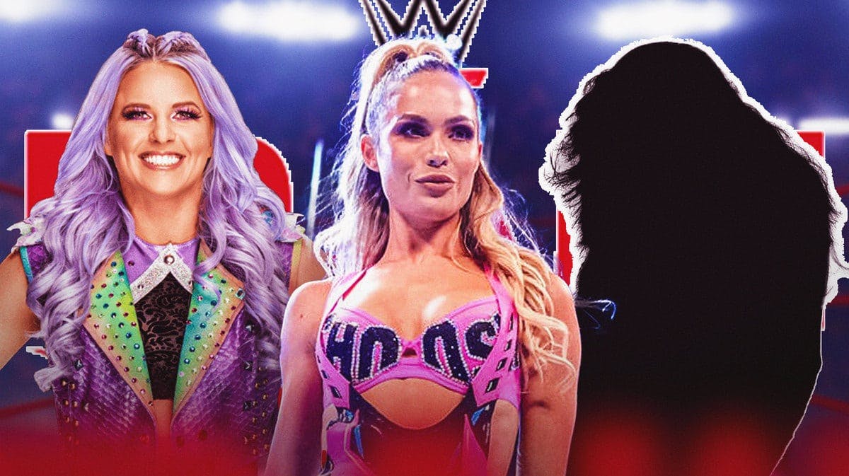 Maxxine Dupri in the middle with Candice LeRae on her left and the blacked-out silhouette of Trish Stratus on her right with the RAW logo as the background.