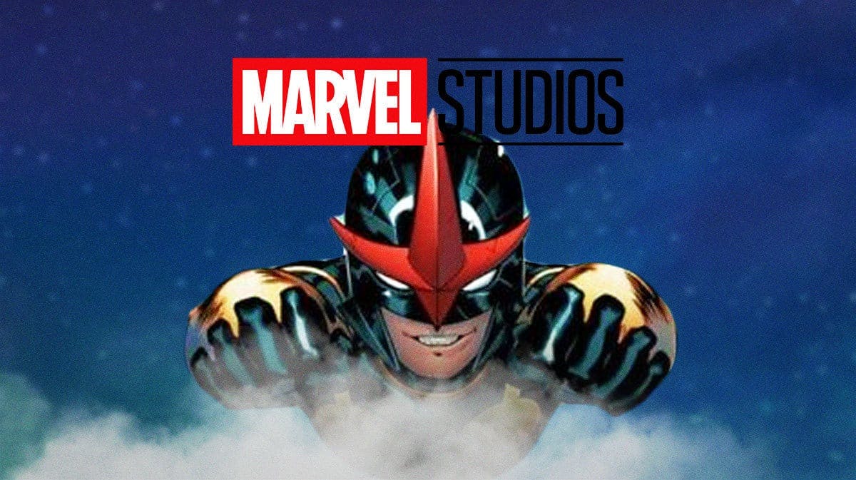 Nova flying through space with the Marvel Studios logo overhead