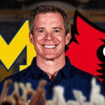 Michigan basketball, Louisville basketball, Dusty May, Cardinals, Wolverines, Dusty May with Michigan and Louisville logos, Michigan basketball arena in the background