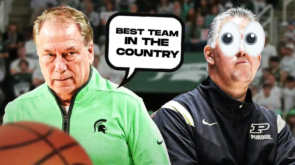 Tom Izzo on one side with a speech bubble that says “Best team in the country” Matt Painter on the other side with the big eyes emoji over his face