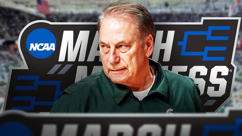 Michigan State basketball, Tom Izzo, Spartans, March Madness, Tom Izzo Michigan State, Tom Izzo and March Madness logo with Michigan State basketball arena in the background