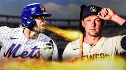 Mets' Jeff McNeil breathing fire at Brewers' Rhys Hoskins. Citi Field background.