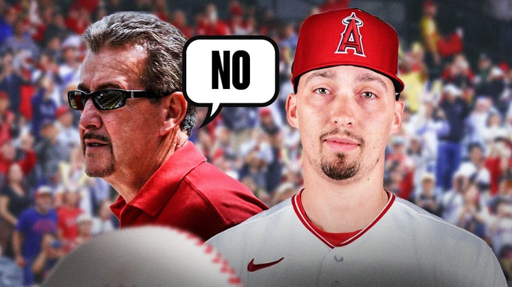 On left, Angels' Arte Moreno saying the following: NO On right, Blake Snell in an Angels uniform.
