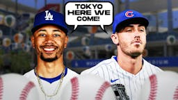 Mookie Betts and Cody Bellinger with a speech bubble that says “Tokyo here we come!”