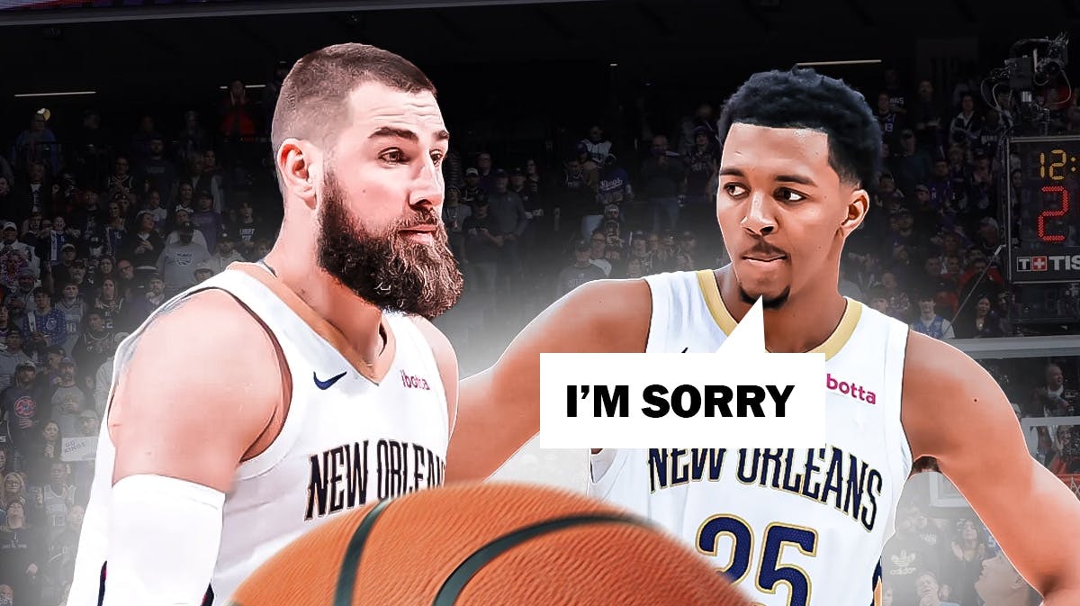 Pelicans' Trey Murphy saying the following: I’m sorry Have him saying it to Pelicans' Jonas Valanciunas.