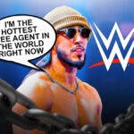 Mustafa Ali with a text bubble reading “I'm the hottest free agent in the world right now” with the WWE logo as the background.