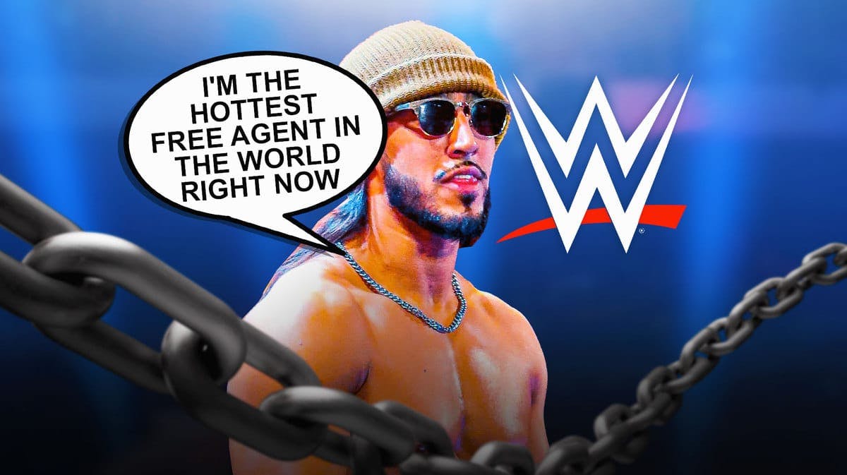 Mustafa Ali with a text bubble reading “I'm the hottest free agent in the world right now” with the WWE logo as the background.