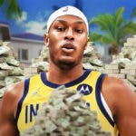Myles Turner surrounded by piles of cash.