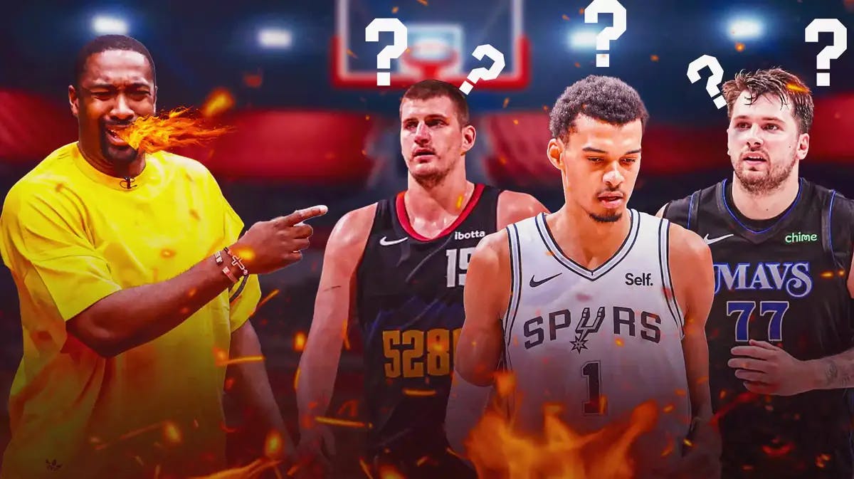 Gilbert Arenas with fire coming out his mouth. Nikola Jokic, Luka Doncic, Victor Wembanyama looking confused and with question marks above their heads