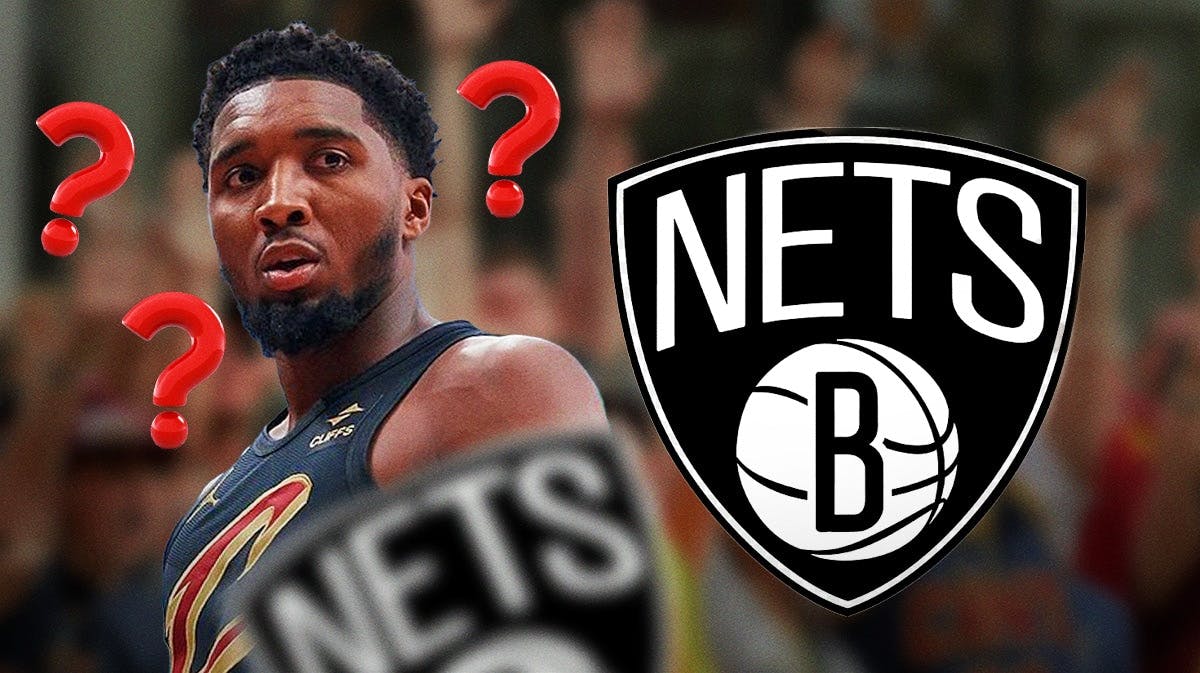 Donovan Mitchell in image with 3-5 question marks, Brooklyn Nets logo, basketball court in background