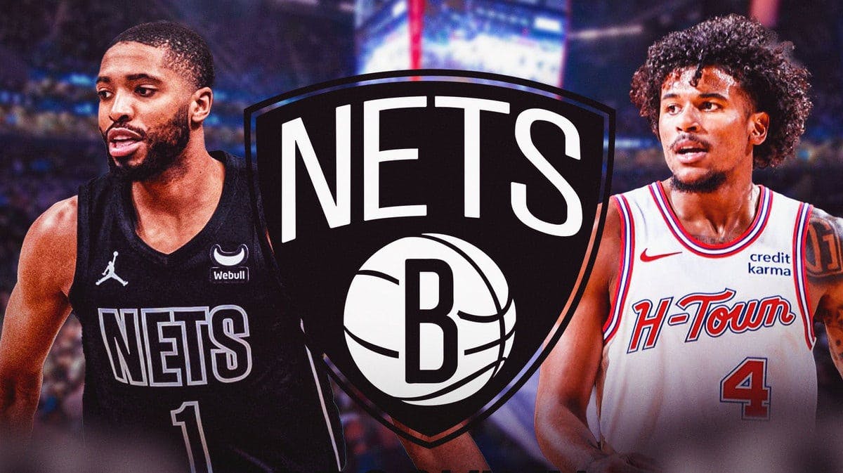 Nets Mikal Bridges next to a Nets logo and Rockets Jalen Green