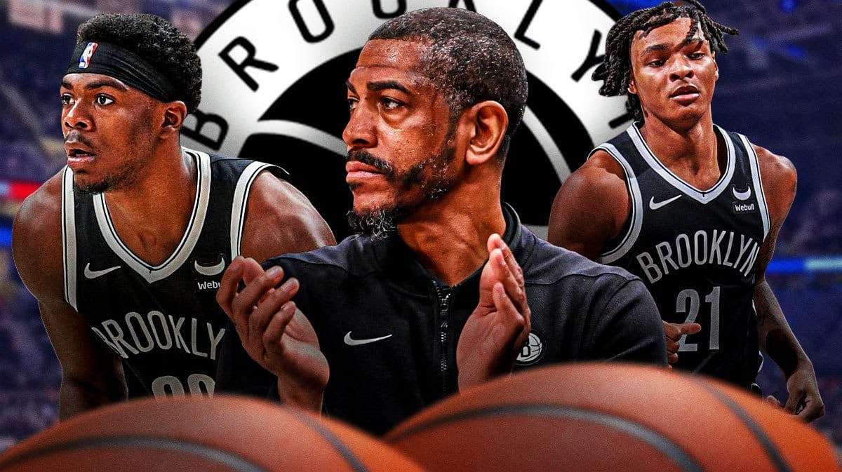 Kevin Ollie, Day’Ron Sharpe and Noah Clowney all in image, Brooklyn Nets logo, basketball court in background