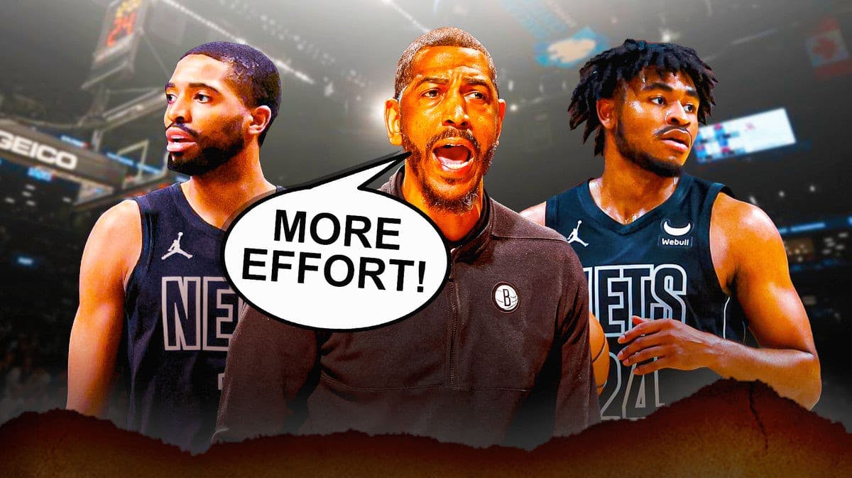 Kevin Ollie with a speech bubble saying, “More effort!” on one side with Mikal Bridges and Cam Thomas on the other side