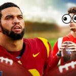 Caleb Williams on one side, Patrick Mahomes on the other side with the big eyes emoji over his face