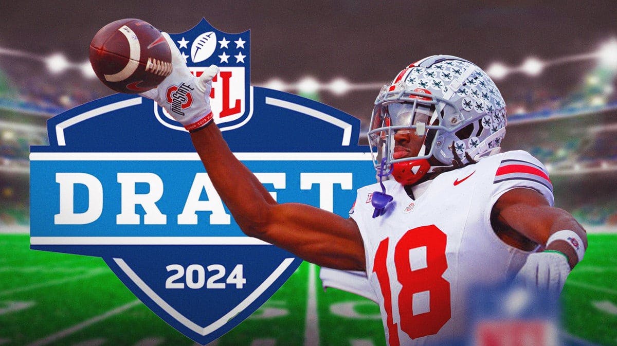 Marvin Harrison Jr catching a pass next to the NFL Draft logo