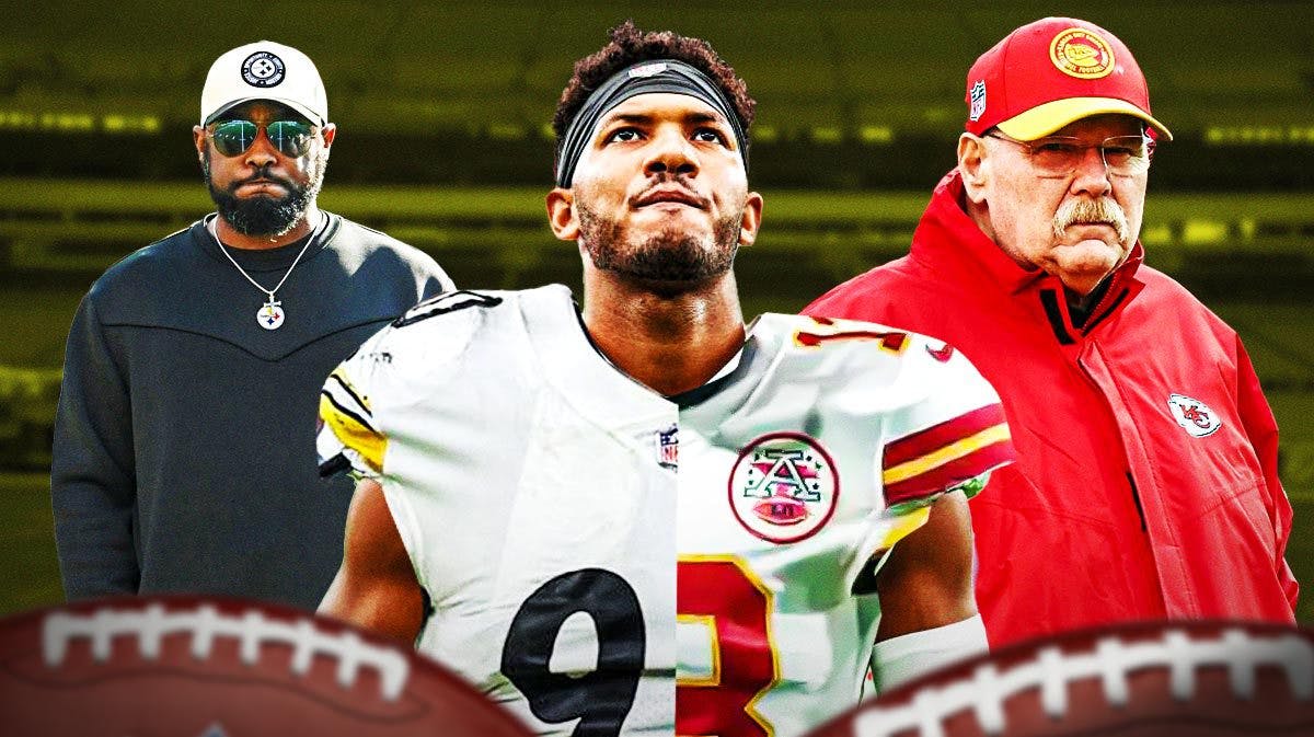 Tyler Boyd wearing a half Steelers, half Chiefs jersey next to Steelers Mike Tomlin and Chiefs Andy Reid