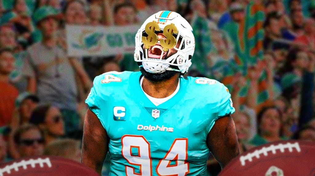 Miami Dolphins star Christian Wilkins with money signs in his eyes in front of Hard Rock Stadium.