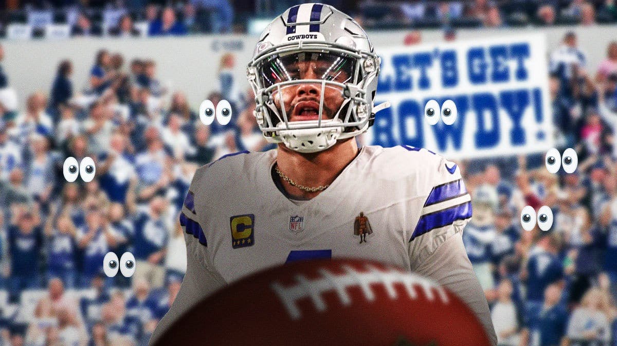 Dak Prescott on one side, a bunch of Dallas Cowboys fans on the other side with the big eyes emoji over their faces