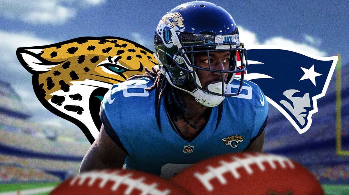 NFL player Calvin Ridley in front of Jacksonville Jaguars and New England Patriots logos.