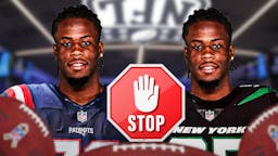 On left, Jerry Jeudy in a Patriots uniform. On right, Jerry Jeudy in a Jets uniform. In the middle, place a stop sign.