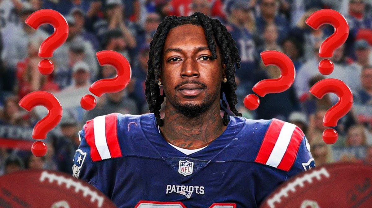 NFL free agent wide receiver Calvin Ridley in a Patriots jersey with question marks all around.