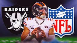 Bears' Just Fields stands next to Raiders and NFL logos amid trade rumors, Gardner Minshew II stands out of frame