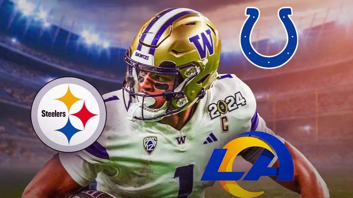 Rome Odunze surrounded by Steelers, Colts, and Rams logos