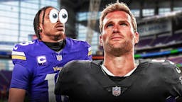 Vikings Justin Jefferson with emoji eyes in his eyes looking at Kirk Cousins in a Falcons jersey