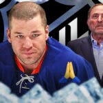 Chris Simon in image with prayer emojis, Gary Bettman in image looking stern, hockey rink in background, NHL logo