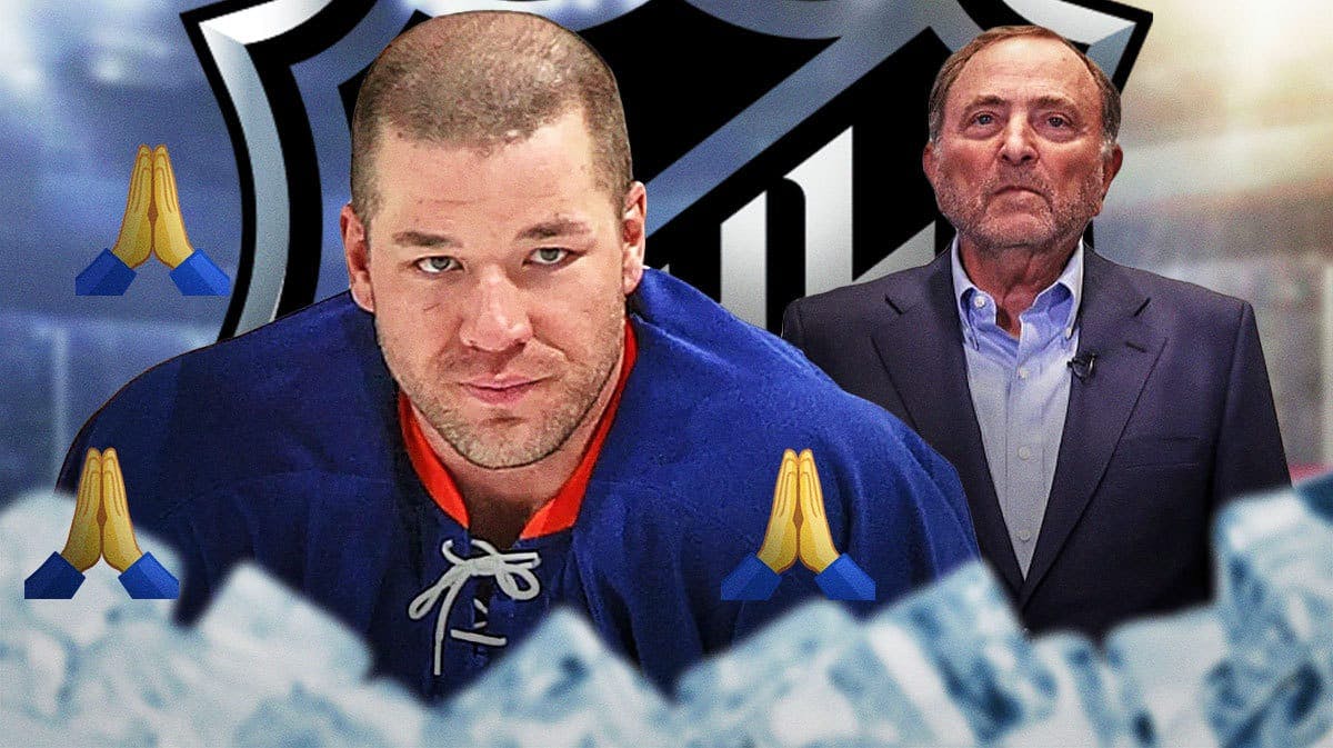 Chris Simon in image with prayer emojis, Gary Bettman in image looking stern, hockey rink in background, NHL logo