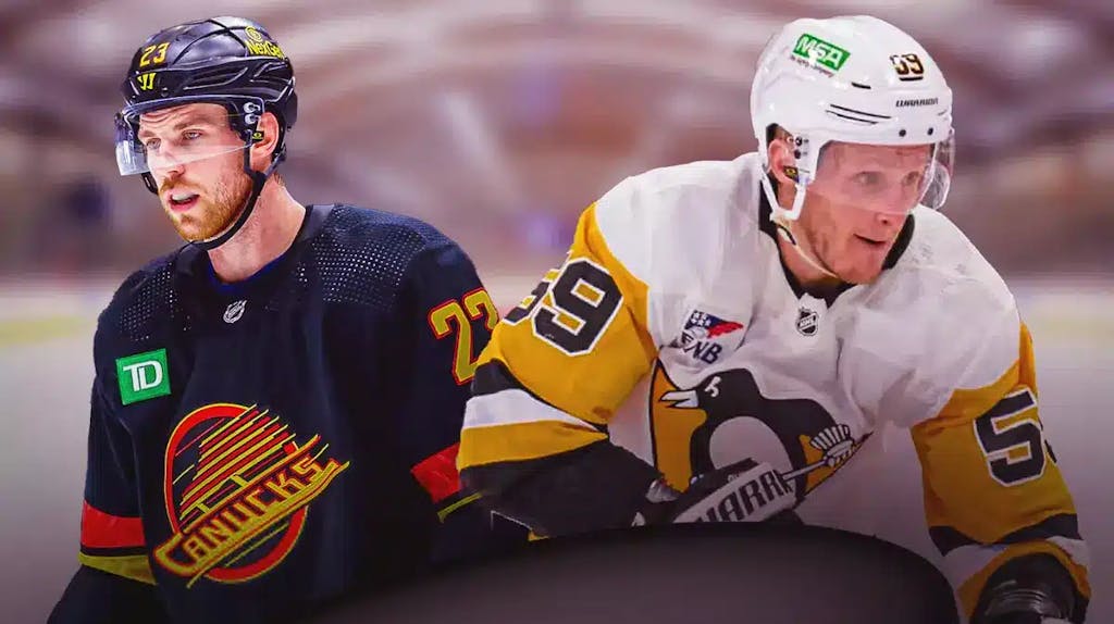 Elias Lindholm in Vancouver Canucks jersey, Jake Guentzel in Pittsburgh Penguins jersey, Boston Bruins trade