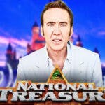 Nicolas Cage with National Treasure logo and Disney logo in background.
