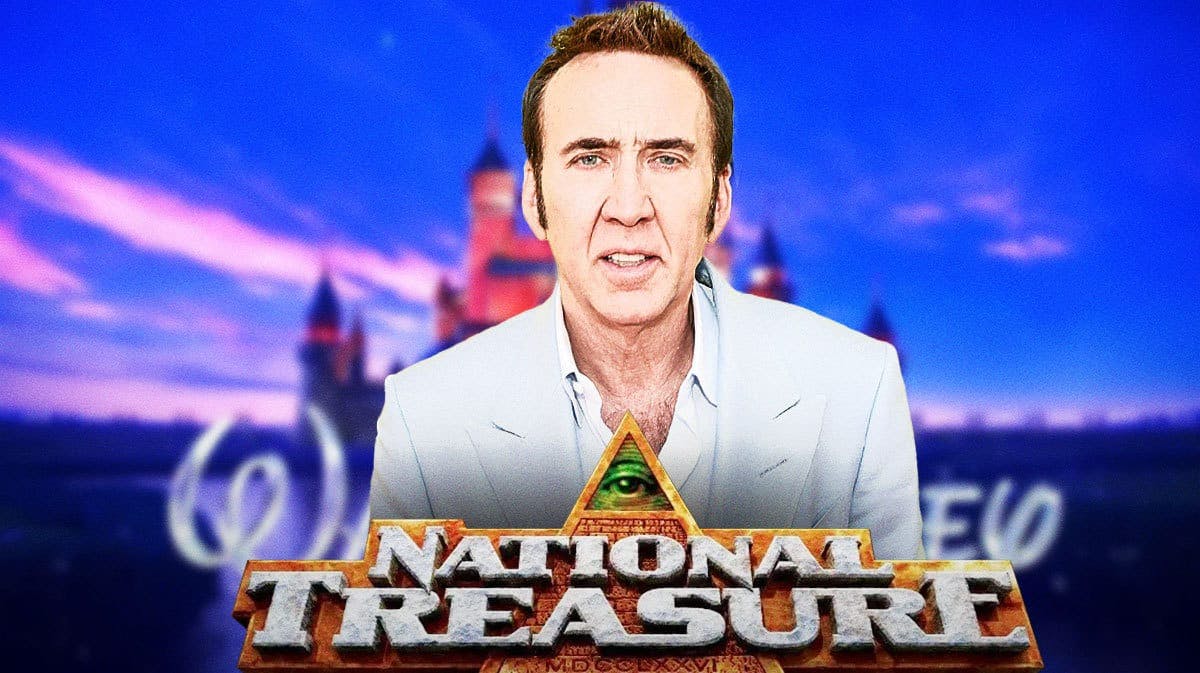 Nicolas Cage with National Treasure logo and Disney logo in background.