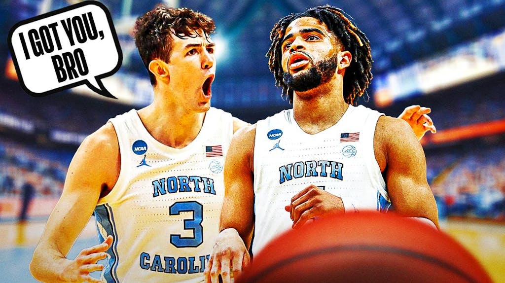 North Carolina basketball star Cormac Ryan putting his arm around RJ Davis saying “I got you, bro”